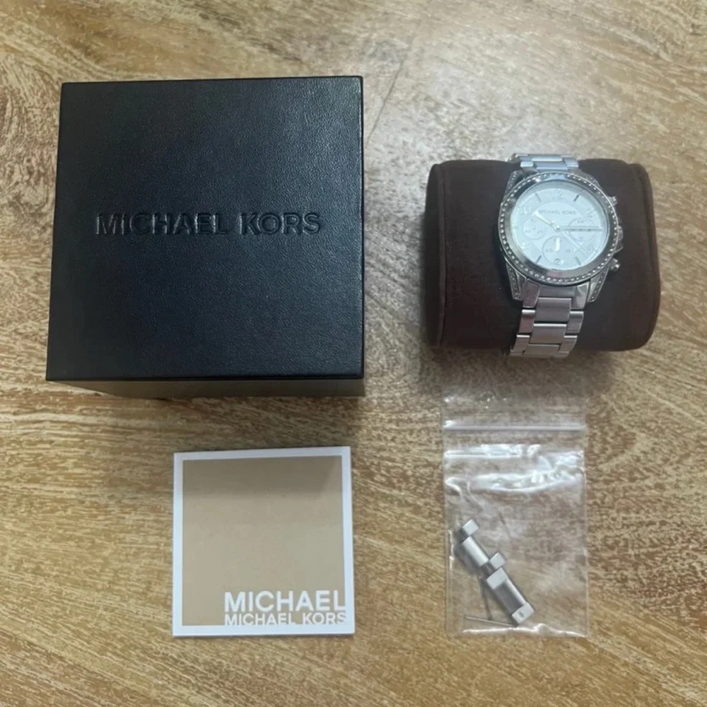 Michael Kors Silver Chronograph Watch with Crystal Bezel